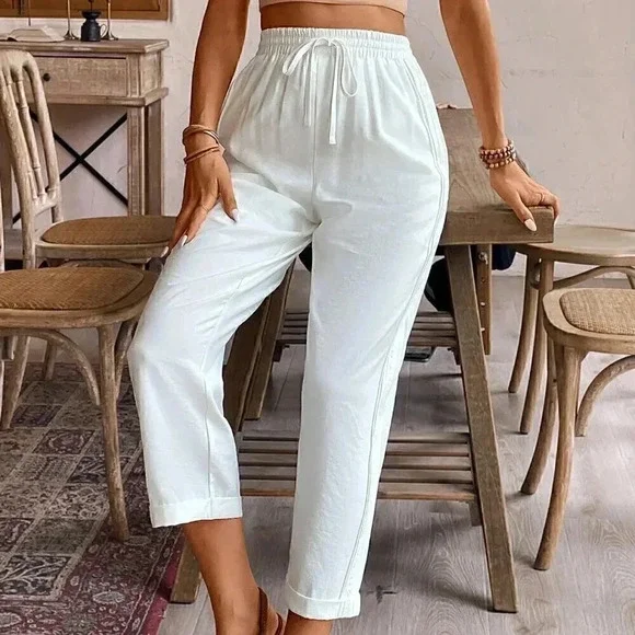 White Casual Women's Solid Color Tapered Pants - Picture 5 of 6
